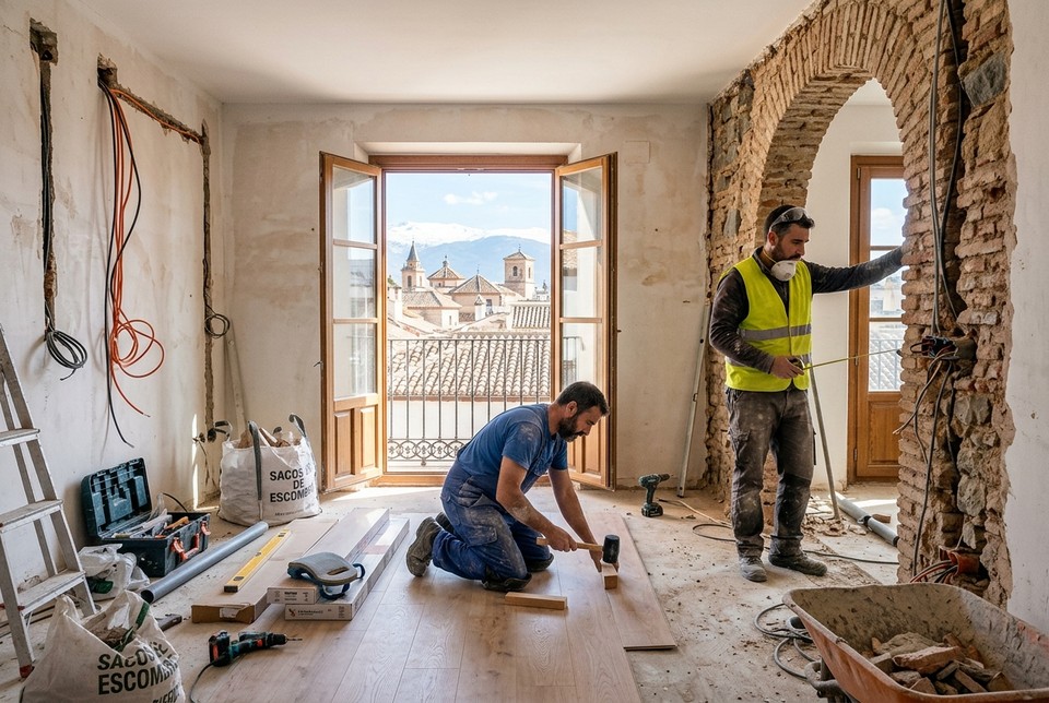 Antes de la reforma integral de salón en Granada Centro con demolición y albañilería