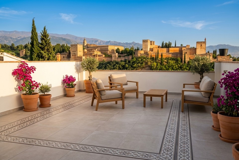 Después de la reforma de terraza terminada con vistas panorámicas a la Alhambra