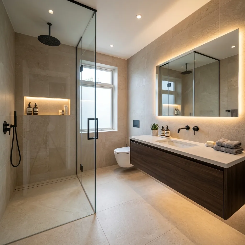 Reforma de baño de lujo con ducha italiana y baldosas de gran formato en Granada