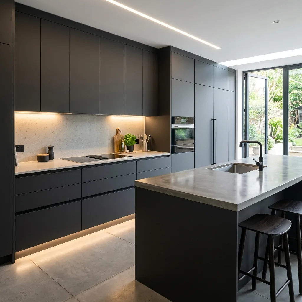 Reforma de cocina moderna en tono crema con encimera oscura e iluminación LED en Granada