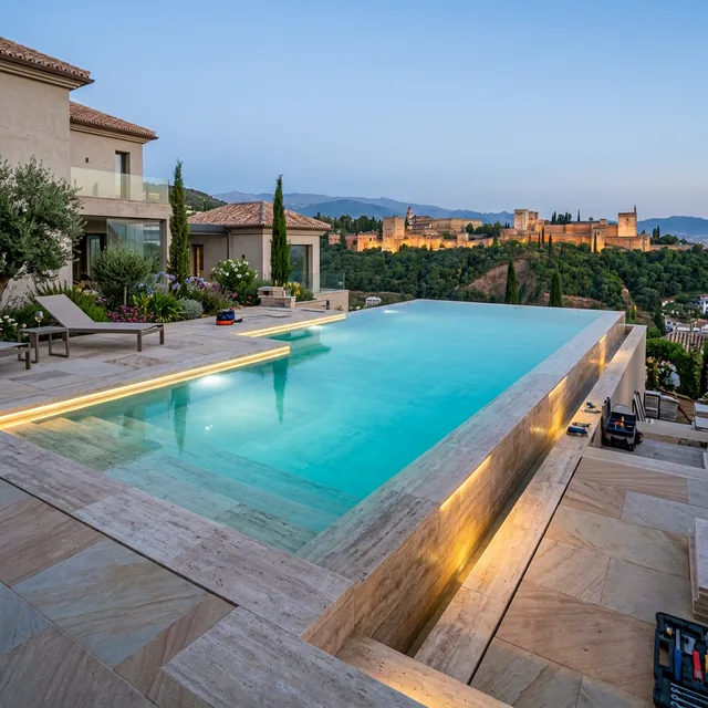 Piscina en una parcela con desnivel y vistas a la sierra en La Zubia