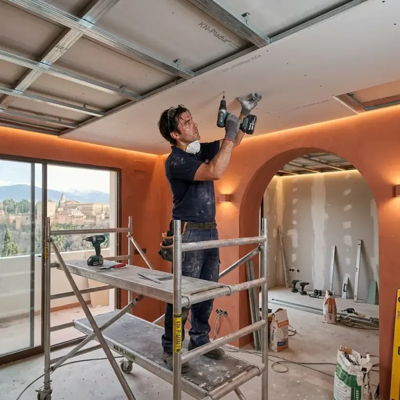 Albañil trabajando en un techo desde un andamio durante una rehabilitación en Santa Fe